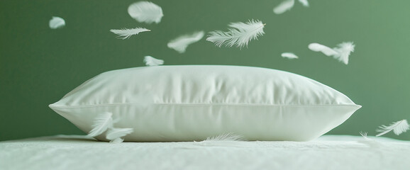 A white pillow with floating feathers above it on a soft bed, symbolizing comfort, relaxation, and sleep, in a calm, serene bedroom setting.