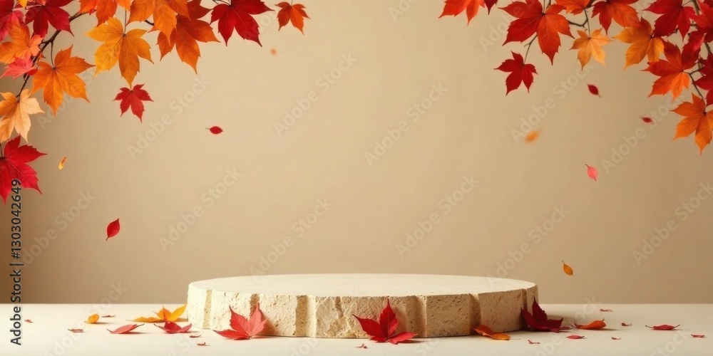 Poster autumnal display elegant beige stone platform adorned with falling maple leaves, perfect for product