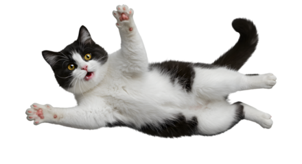 Playful Black and White Cat Jumping in a Funny Mid-Air Pose With Cute Expression Isolated on a Transparent Background PNG.