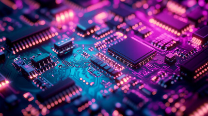 High tech circuit board with vibrant neon lights and details