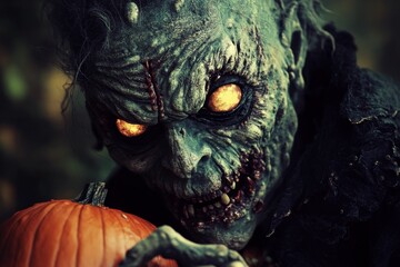 Obraz premium Spooky zombie stares holding a Halloween pumpkin.