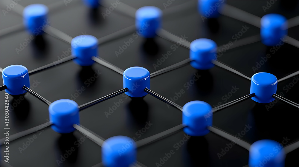 Poster blue circles on a network grid with black background and lines