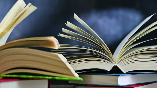 An open book lying on a stack of other books