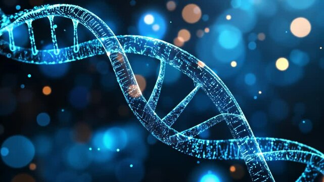 DNA Strand with light: A close-up view of a luminous DNA double helix, the genetic blueprint of life, glowing with an ethereal light and surrounded by a blurry field of bokeh lights.