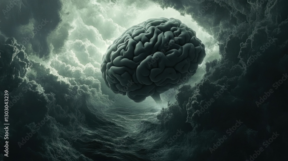 Aufkleber a surreal depiction of a brain floating above turbulent clouds and waves, symbolizing thought.