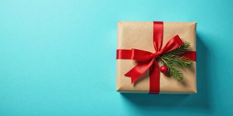 A Festive Gift Wrapped in Brown Paper with a Red Ribbon and Evergreen Bough