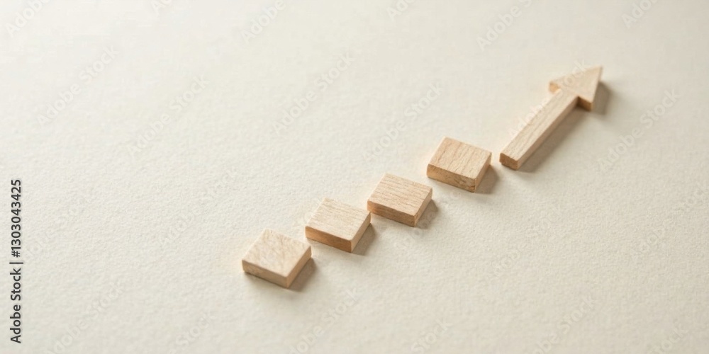 Poster wooden blocks forming ascending arrow on neutral background representing growth and progress