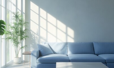 Modern living room with sunlight streaming through large windows