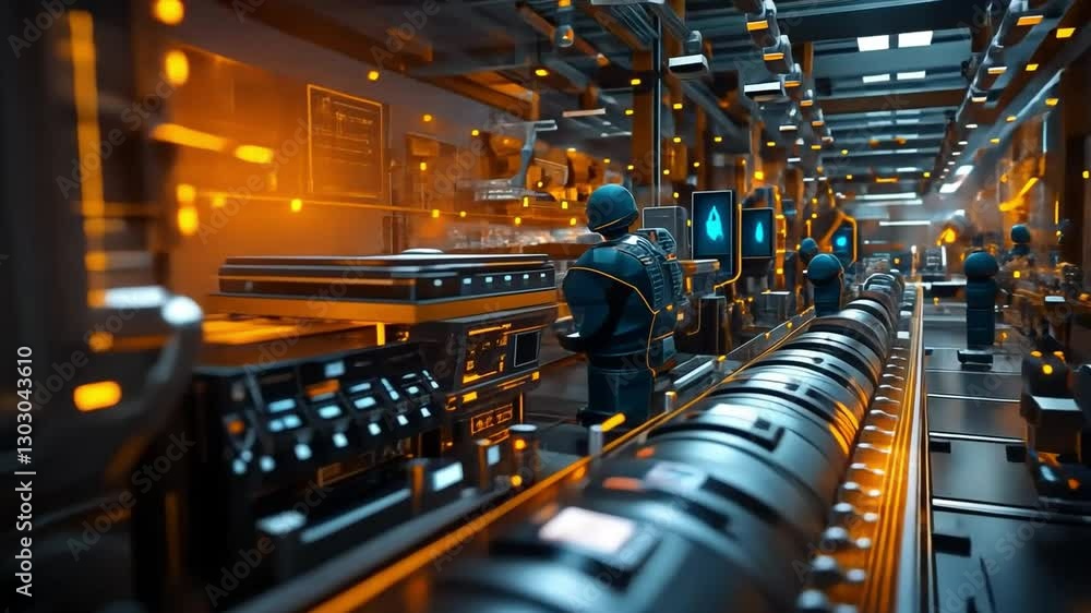 Poster robotics production line: capturing a futuristic production line where skilled workers oversee advan