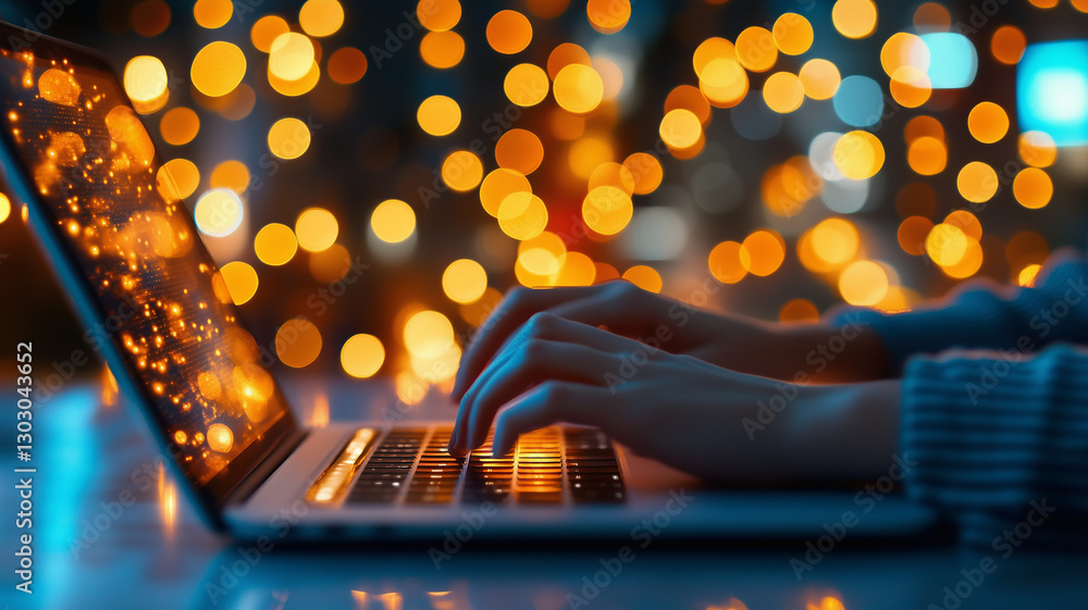 Poster person typing on laptop with glowing bokeh lights in background, creating warm and inviting atmosphe
