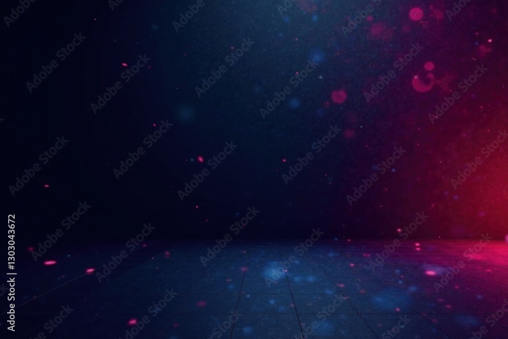 Poster dark room with illuminated floor and floating particles featuring a gradient of blue and pink hues