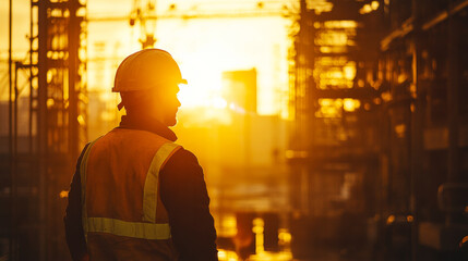 Obraz premium construction worker observes sunset at site