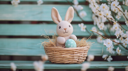 Pastel bunny with Easter eggs in a nest, spring flower decor on wooden background