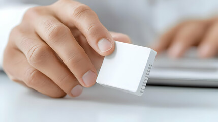Obraz premium Hand Holding Small White Device on Table Surface in Office Setting