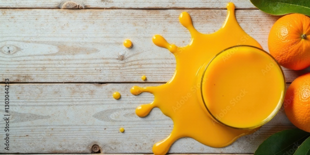 Poster refreshing citrus juice spill on rustic wood background with whole oranges and vibrant green leaves