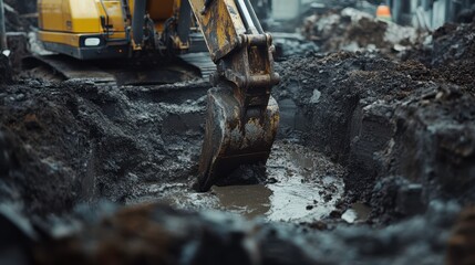 Fototapeta premium Excavator Digging New Building Foundations in Urban Area