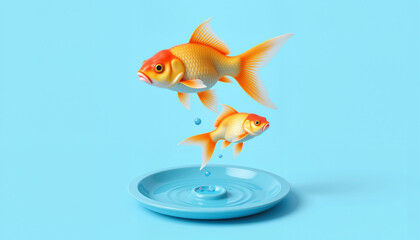 Goldfish jumping over a small water plate on blue background