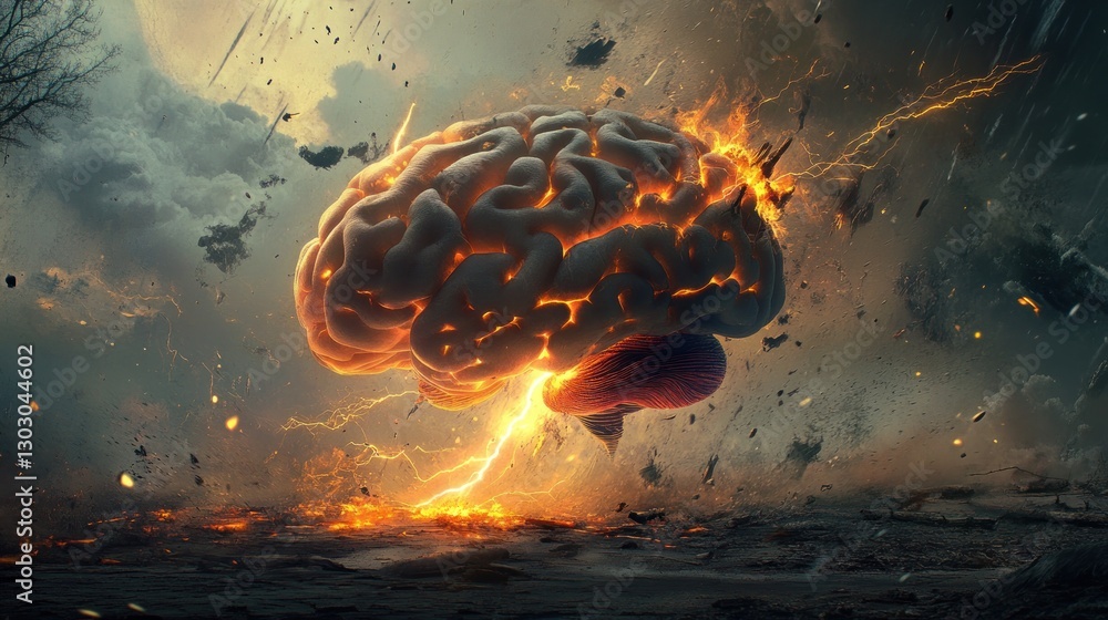Poster a surreal depiction of a brain surrounded by lightning and explosions, symbolizing chaos and intelle