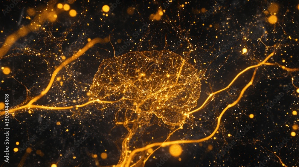 Poster abstract representation of a brain with glowing neural connections against a dark background.