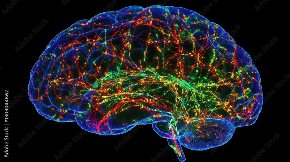 Poster a colorful representation of brain neural connections and pathways.