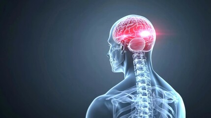 human figure and anatomy concept. Human silhouette with a glowing brain highlighting neural activity and spine structure.