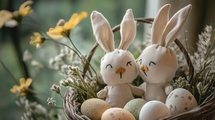 Cute bunny and rabbit Easter decor with spring flowers for festive holiday celebration