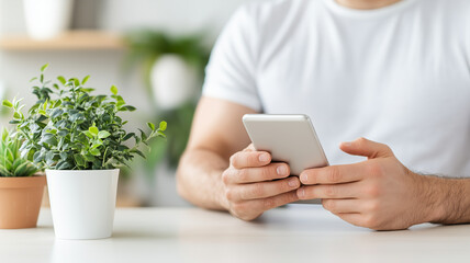 person holding smartphone while sitting at table with potted plants, showcasing modern and relaxed atmosphere