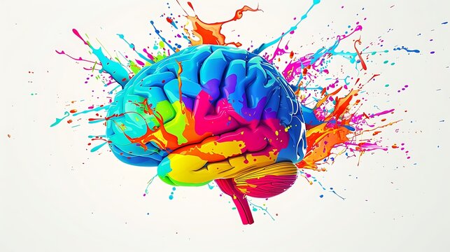 A vibrant explosion of creativity:  Colorful brain bursting with imagination and innovation, symbolizing intelligence, ideas, and boundless potential.