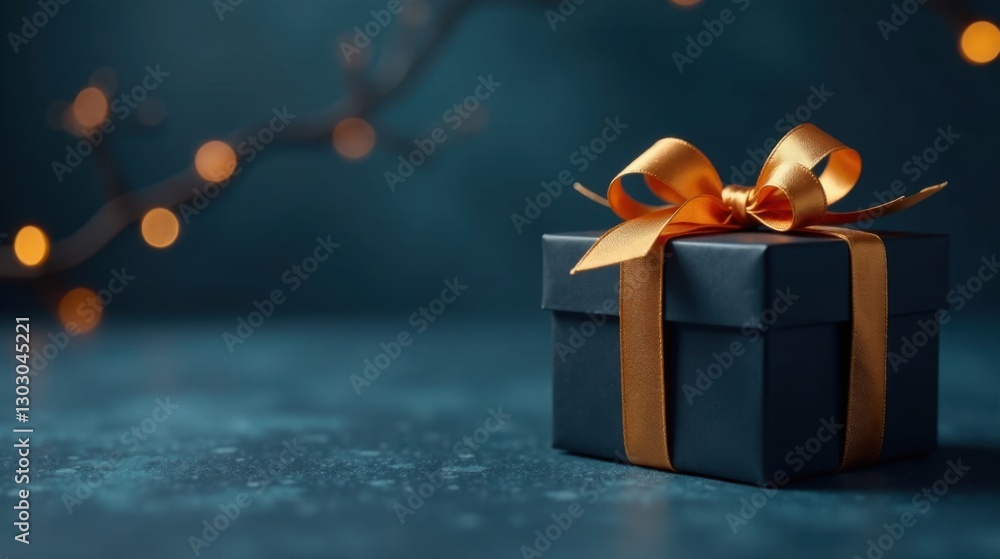 Poster a dark blue gift box with a golden ribbon, illuminated by soft bokeh lights, sits on a textured surf