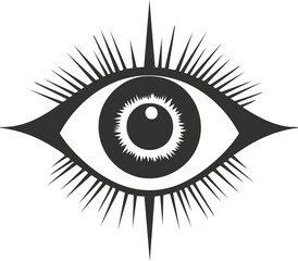 Black and white abstract eye symbol with radiating lines design.