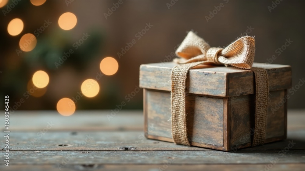 Poster Rustic Wooden Gift Box with Burlap Bow on Weathered Table Against a Soft Bokeh Background