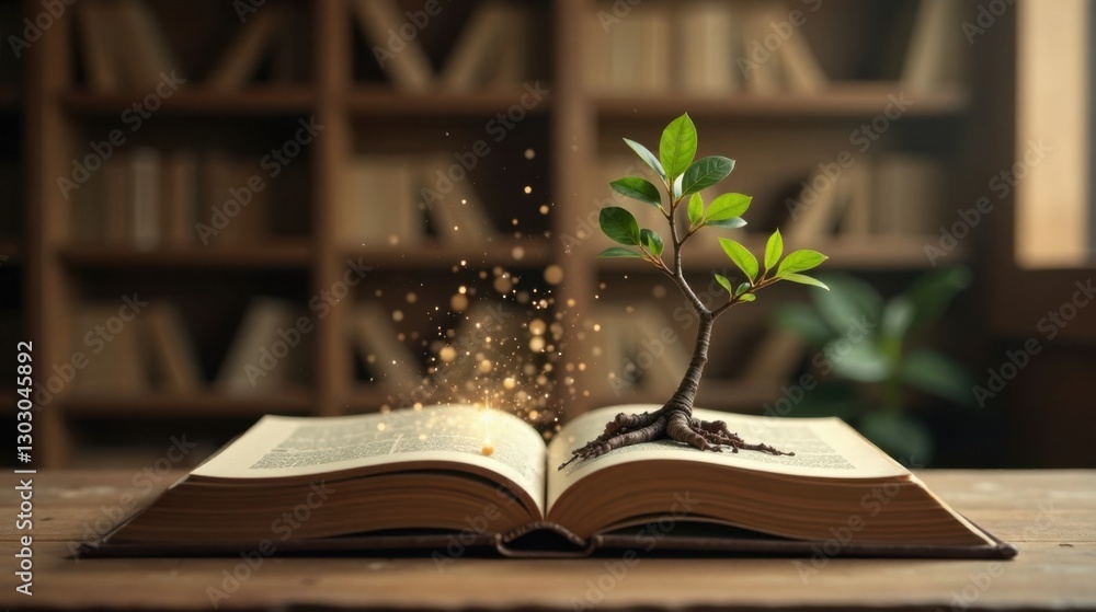 Poster A Sapling Grows from an Open Book, Illuminated by Golden Dust, on a Wooden Table with a Bookshelf in the Background
