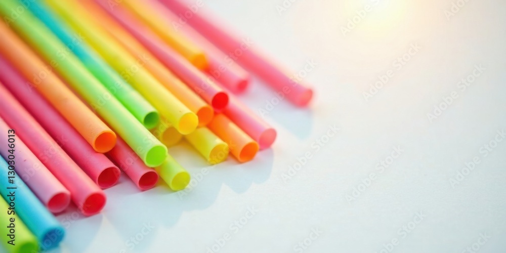 Poster a vibrant collection of colorful drinking straws arranged on a white surface, showcasing a spectrum 