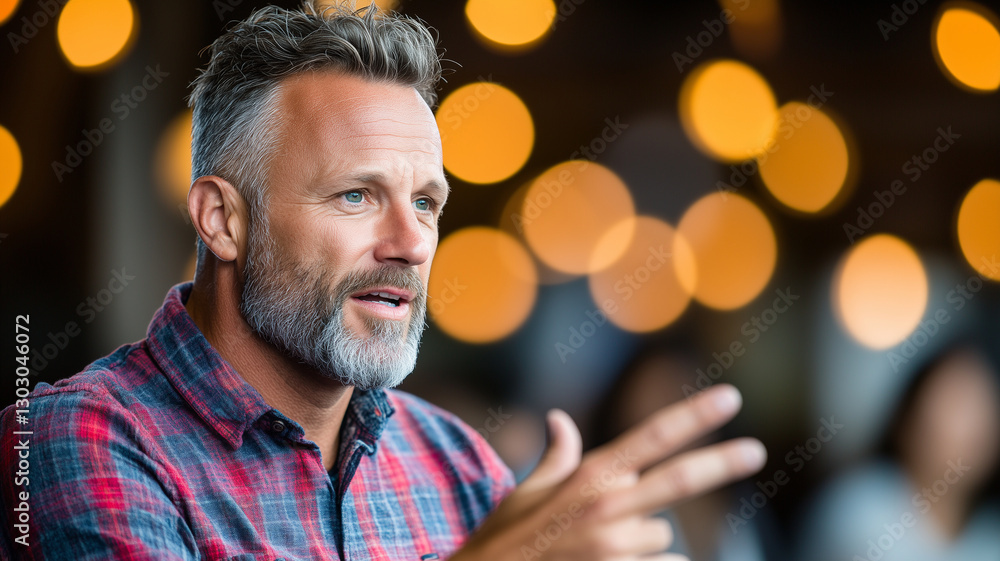 Poster man with beard passionately discussing ideas in modern setting, surrounded by warm bokeh lights. his