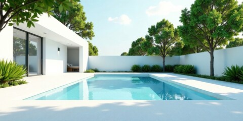 Fototapeta premium Modern Minimalist Home with Backyard Pool and Lush Greenery