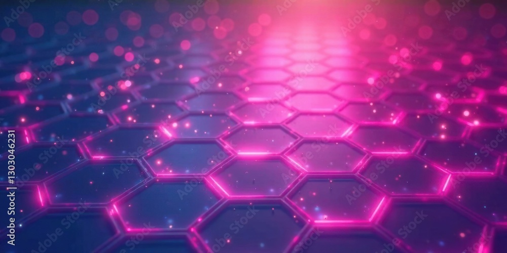Poster abstract pink and blue hexagonal grid with glowing particles