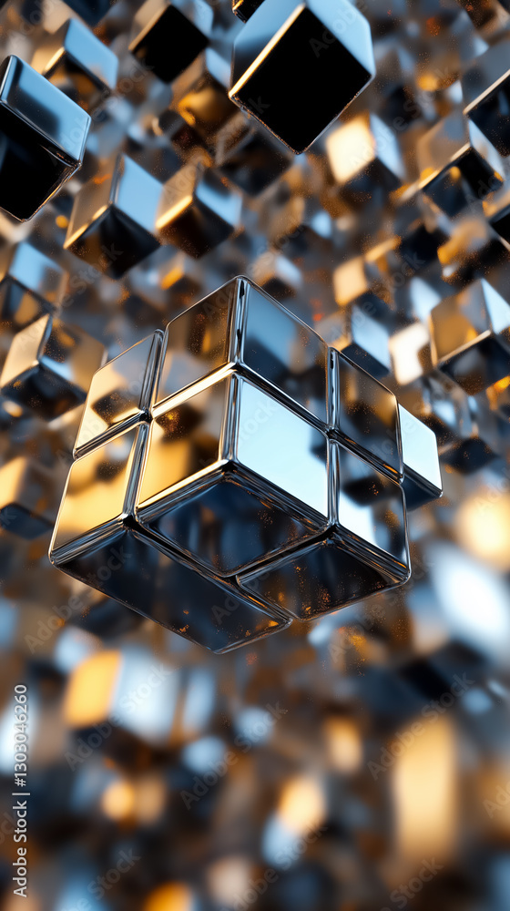 Poster giant cube mesmerizes as it floats within an infinite void, crafted from numerous smaller cubes refl