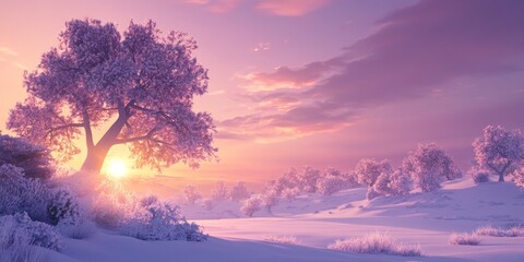 beautiful winter landscape with trees covered in snow, a pink and purple sky at sunset, and the sun setting behind a tree on the left side of the picture