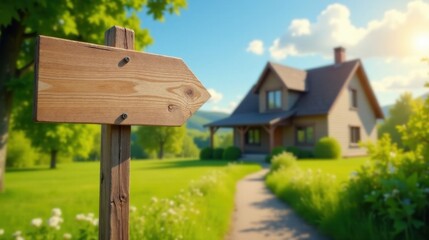 Wooden arrow sign pointing towards a suburban house on a sunny day