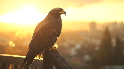 Fototapeta premium A majestic bird of prey perched on a railing during sunset, with a vibrant golden sky in the background and droplets of water glistening on its feathers
