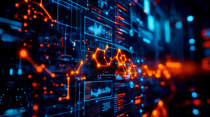 Obraz premium Digital data visualization with glowing lines and graphs