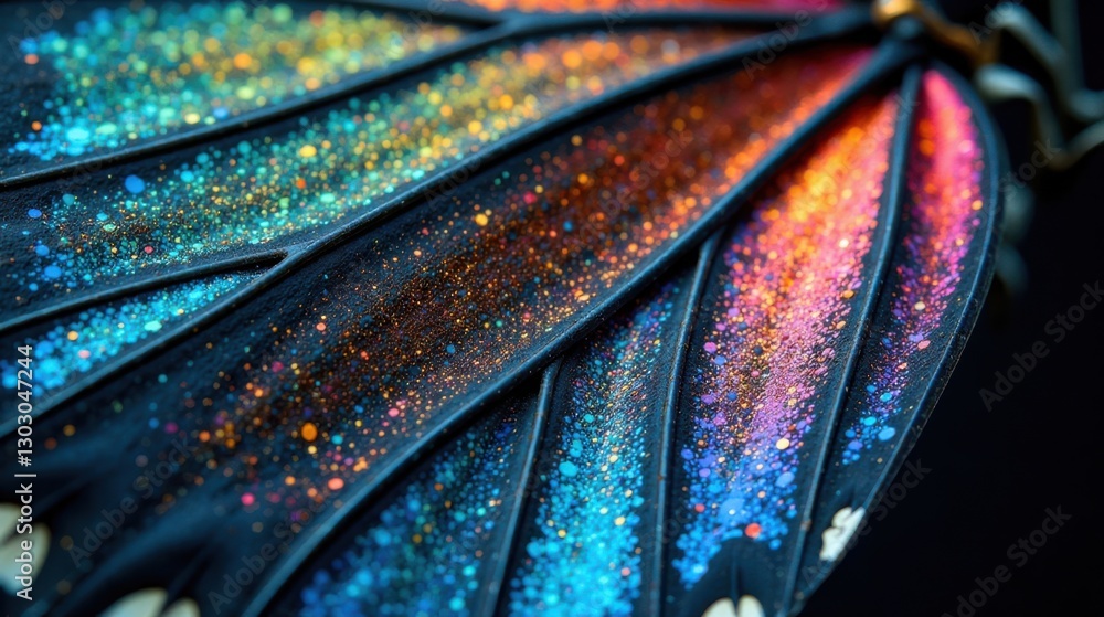 Poster Close-up view of a vibrant, iridescent wing with a textured surface, showcasing a spectrum of colorful glitter-like particles