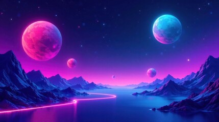 Neon Glowing Path Across an Alien Lake Surrounded by Mountains Under a Vivid Night Sky