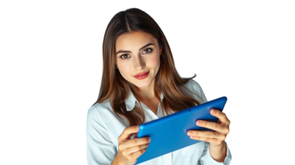 Focused Woman Using a Blue Tablet on White Background