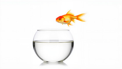 Goldfish jumping from fishbowl on white background