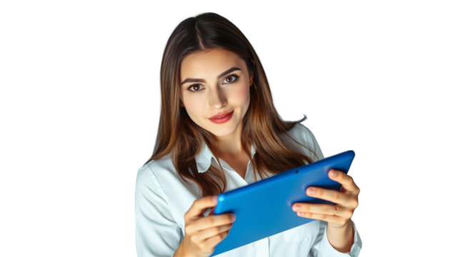 Focused Woman Using a Blue Tablet on White Background