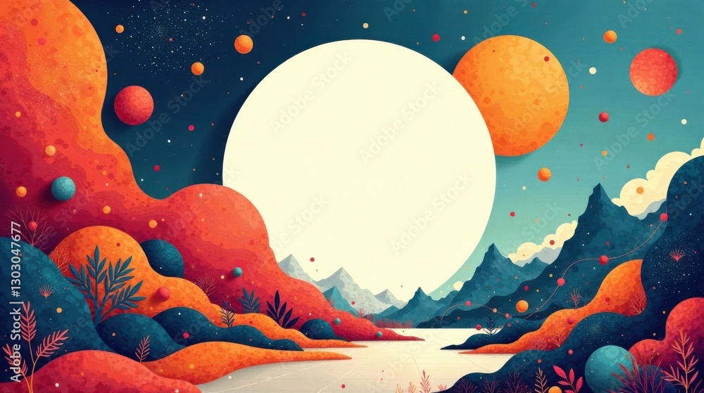 Poster Abstract whimsical landscape with floating orbs and a large central blank space perfect for text or logo