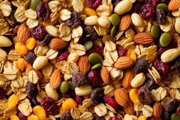 A vibrant close-up of granola trail mix showcasing its ingredients.