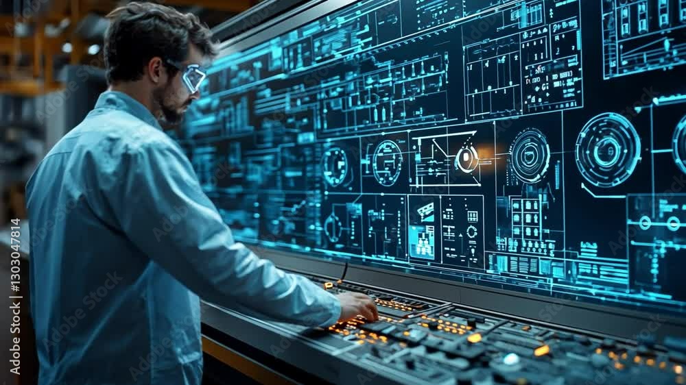 Poster tech expert in control room: a focused male tech expert, immersed in a futuristic control room envir