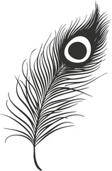 Stylized black and white illustration of a peacock feather design.